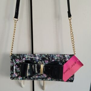 Black Bow Accent Floral Patent Crossbody Clutch